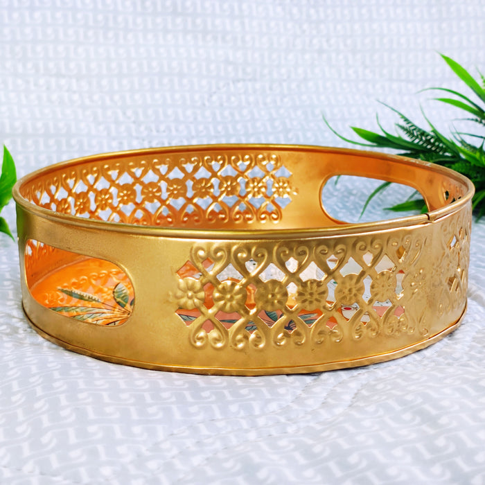 Handcrafted Kamdhenu Cow Decorative Serving Tray | Round Wooden Tea Serving Tray