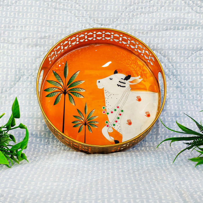 Handcrafted Kamdhenu Cow Decorative Serving Tray | Round Wooden Tea Serving Tray