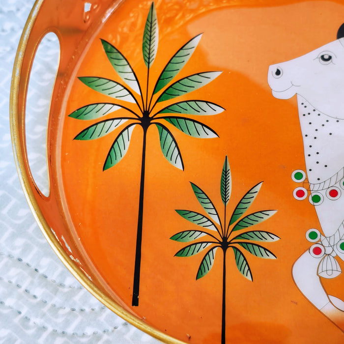 Handcrafted Kamdhenu Cow Decorative Serving Tray | Round Wooden Tea Serving Tray