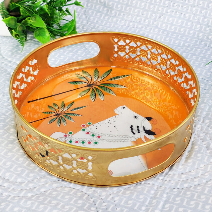 Handcrafted Kamdhenu Cow Decorative Serving Tray | Round Wooden Tea Serving Tray