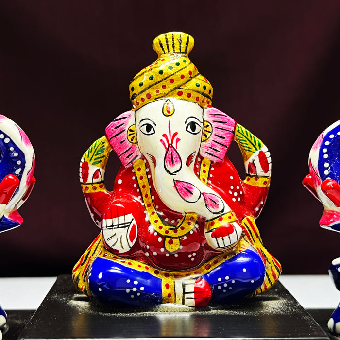 Lord Ganesha with Trunk Up Sitting Elephant Pair on Wooden Chowki