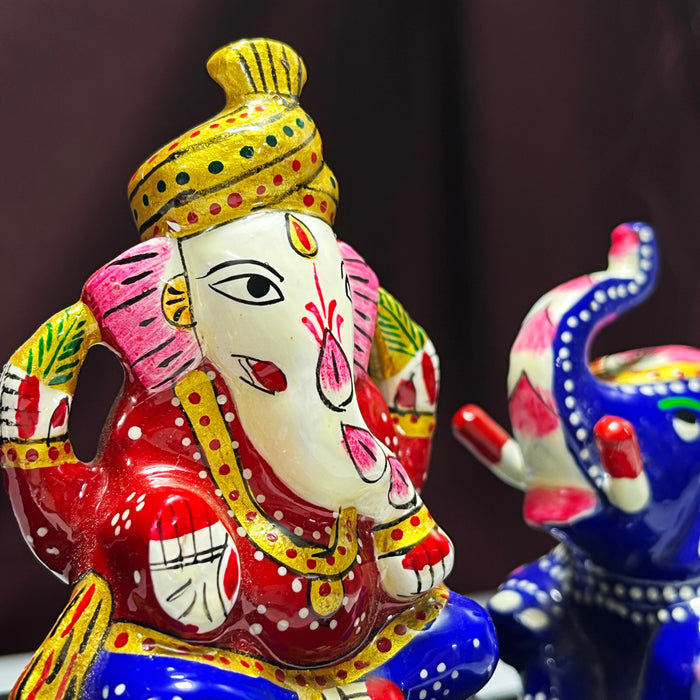 Lord Ganesha with Trunk Up Sitting Elephant Pair on Wooden Chowki