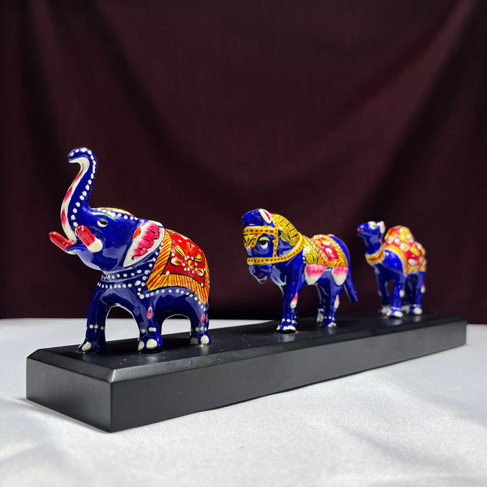 Sculpted Elegance: Elephant Camel Horse Set with Pawti Stand