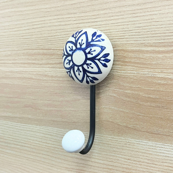 Blue Floral Printed Ceramic & Iron Wall Hook