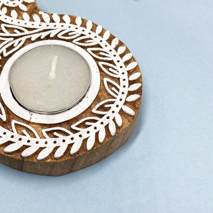 Paisley Handblock Tea Light Candle Holders in Kadamb Wood – Artistic Craft for Elegant Decor