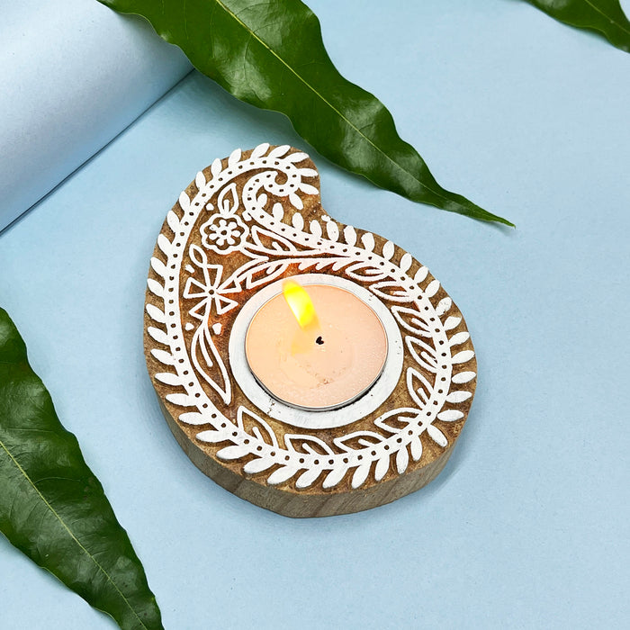 Paisley Handblock Tea Light Candle Holders in Kadamb Wood – Artistic Craft for Elegant Decor