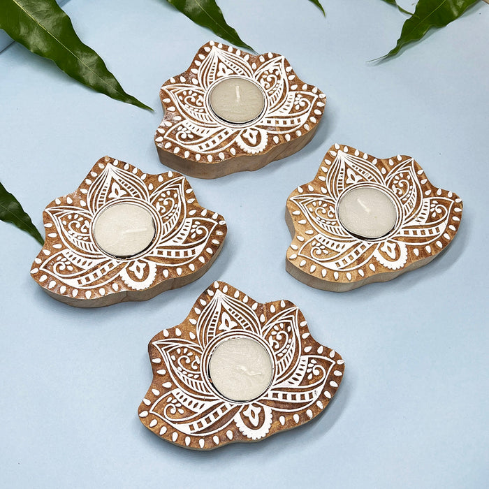 Mandala Handblock Kadamb Wood Candle Holders – Perfect for Festive Decor(Pack of 4)