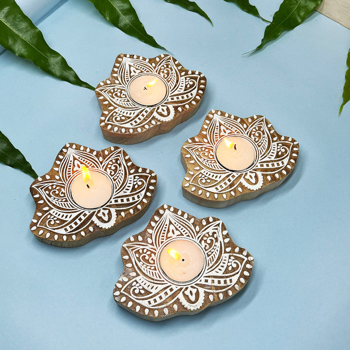 Mandala Handblock Kadamb Wood Candle Holders – Perfect for Festive Decor(Pack of 4)