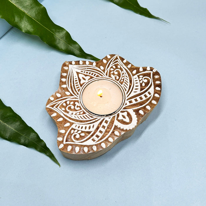 Mandala Handblock Kadamb Wood Candle Holders – Perfect for Festive Decor(Pack of 4)