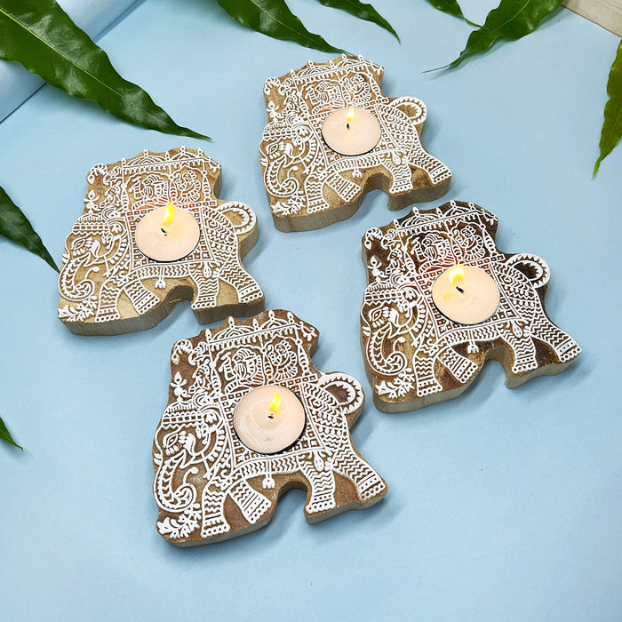 Elephant Handblock Kadamb Wood Candle Holders – Perfect for Diwali Decor(Pack of 4)