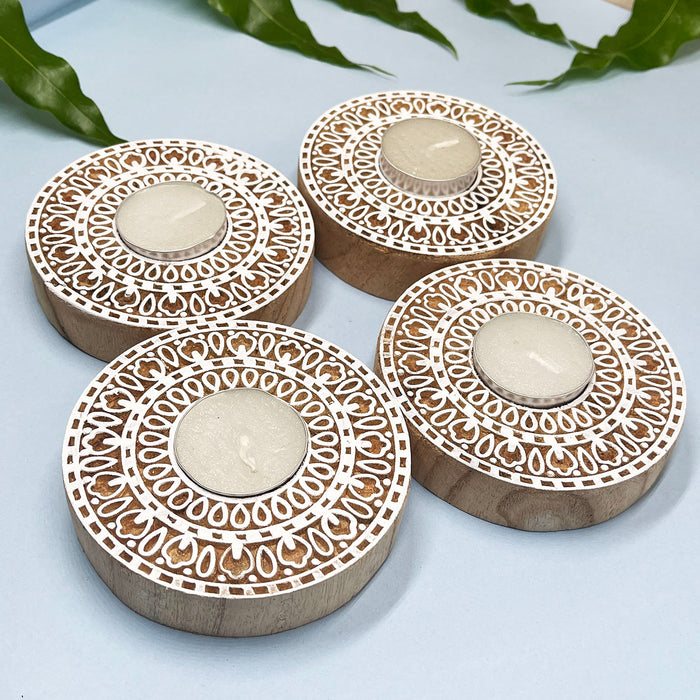 Handcrafted Wooden Tea Light Holder with Intricate Mandala Design