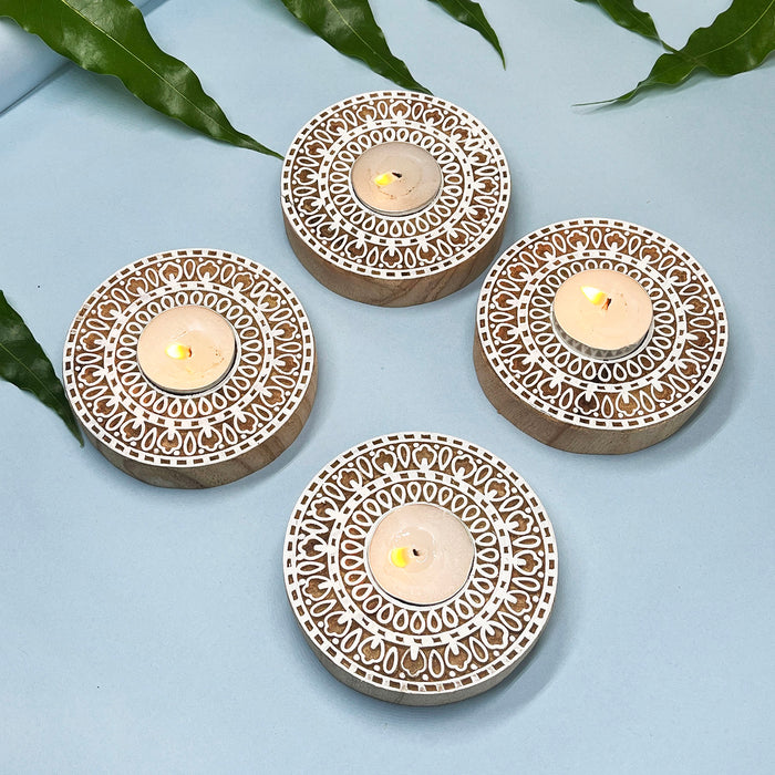 Handcrafted Wooden Tea Light Holder with Intricate Mandala Design