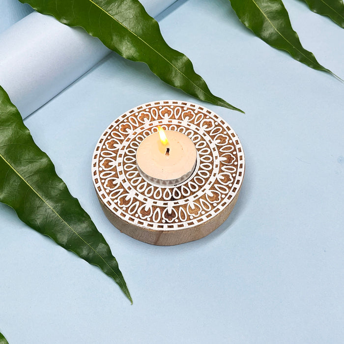 Handcrafted Wooden Tea Light Holder with Intricate Mandala Design