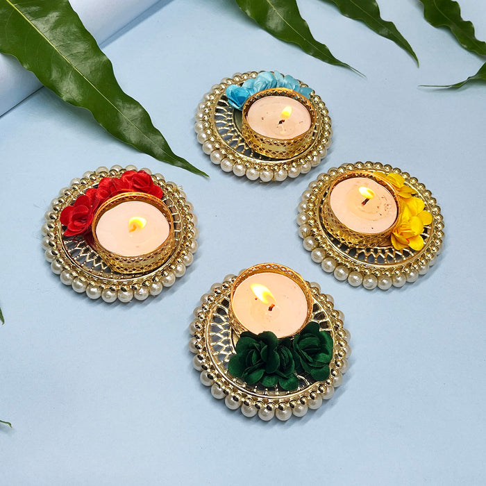 Decorative Tealight Candle Holder with Floral Accents for Diwali Décor