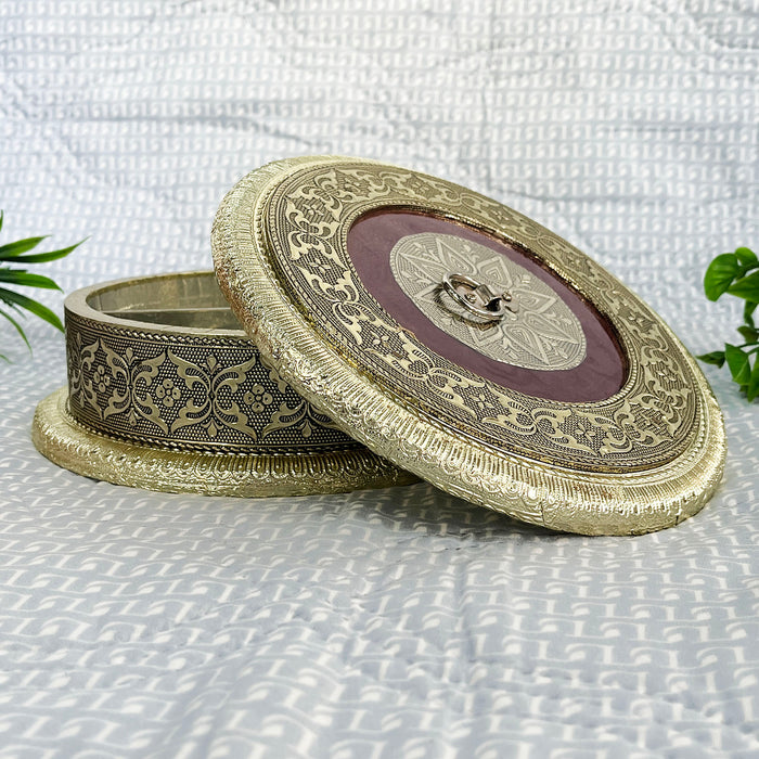 Elegant Handcrafted Wooden Dry Fruit Box with Metallic Decorative Design