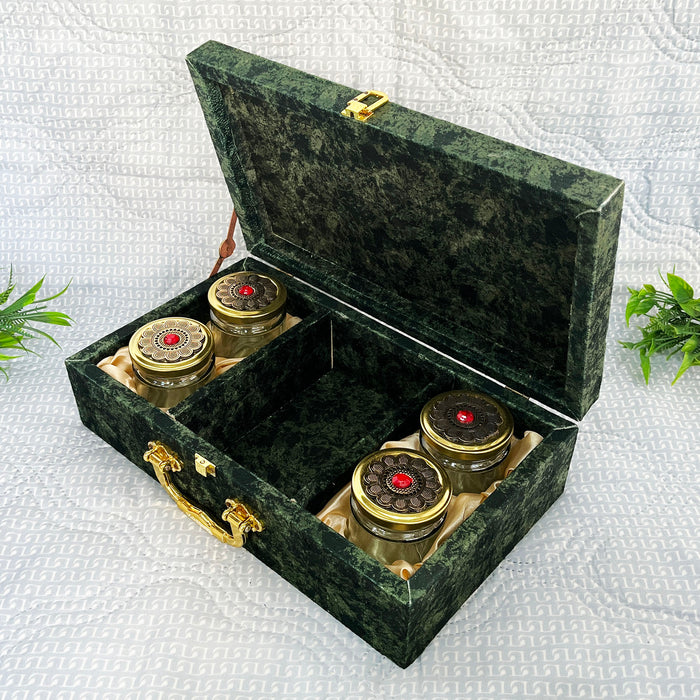 Luxurious Velvet Dry Fruit Box with Four Glass Containers