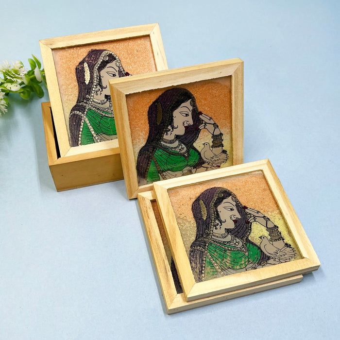 Elegant Wooden Coaster Set with Vibrant Traditional Prints