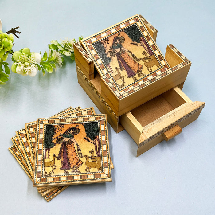 Handcrafted Wooden Coaster Set with Traditional Art Print