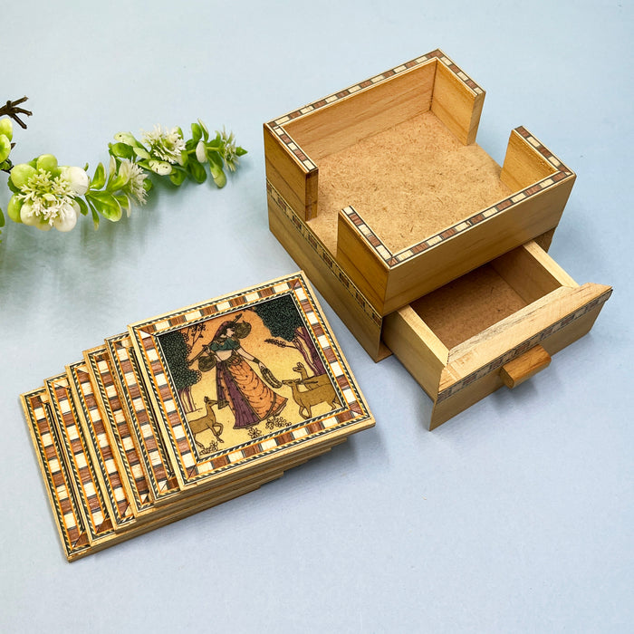 Handcrafted Wooden Coaster Set with Traditional Art Print