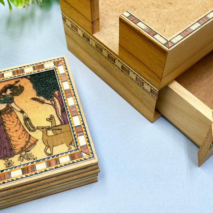 Handcrafted Wooden Coaster Set with Traditional Art Print