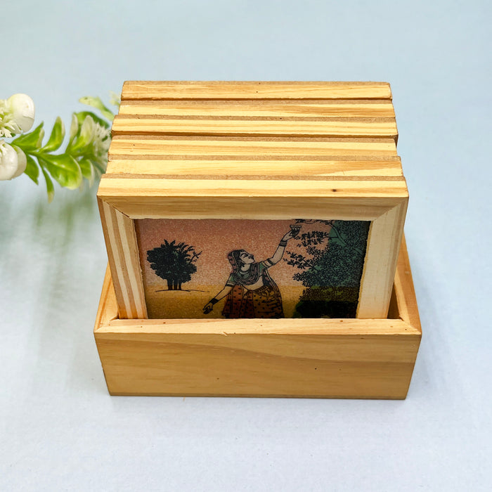 Elegant Wooden Tea Coaster Set with Traditional Artwork