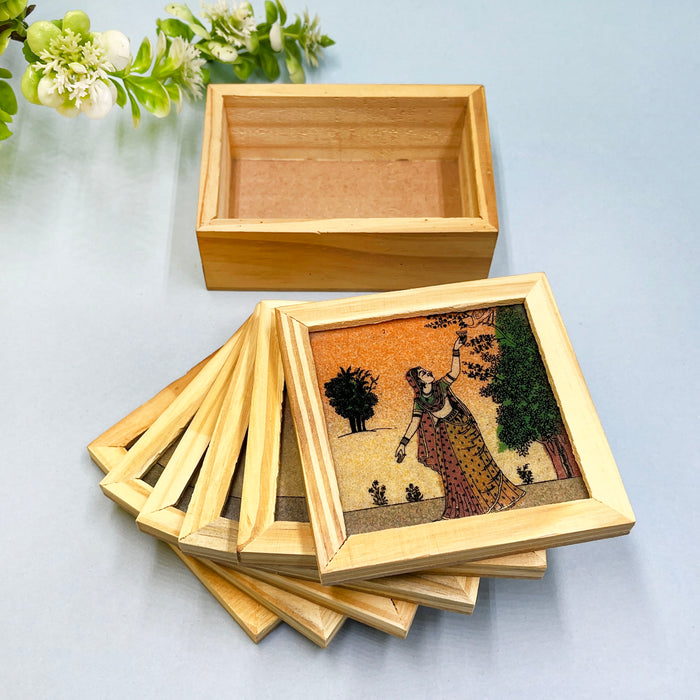 Elegant Wooden Tea Coaster Set with Traditional Artwork