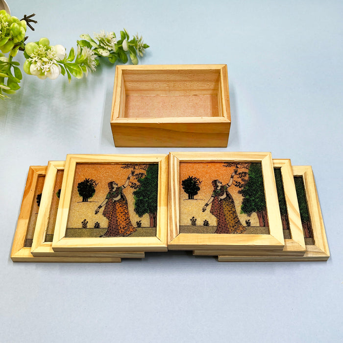 Elegant Wooden Tea Coaster Set with Traditional Artwork