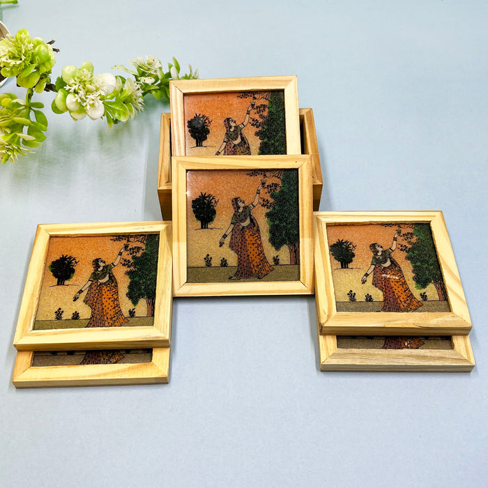 Elegant Wooden Tea Coaster Set with Traditional Artwork