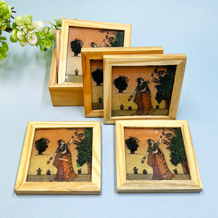 Elegant Wooden Tea Coaster Set with Traditional Artwork