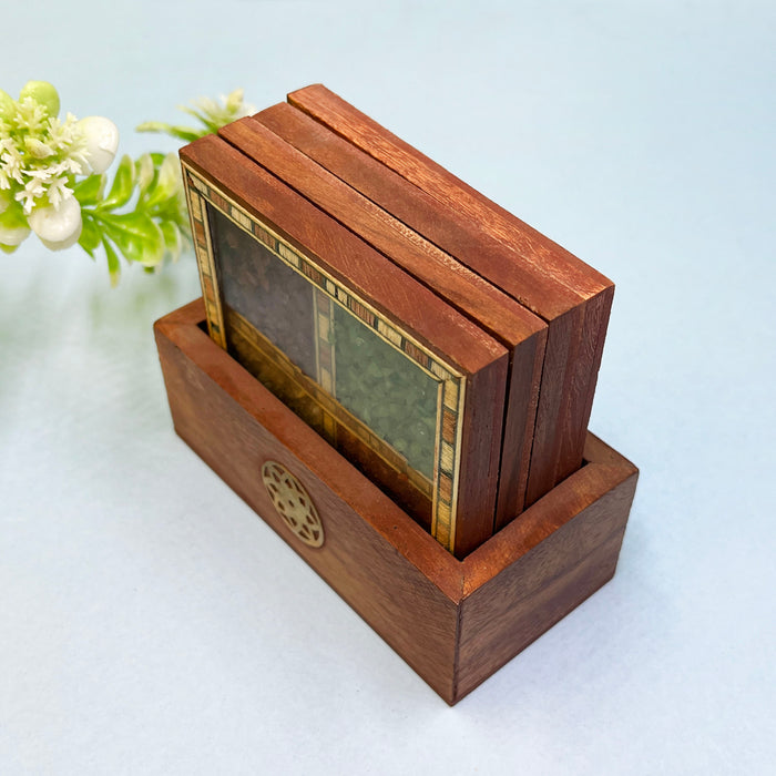 Unique Wooden Coaster Set with Colorful Stone Inlay