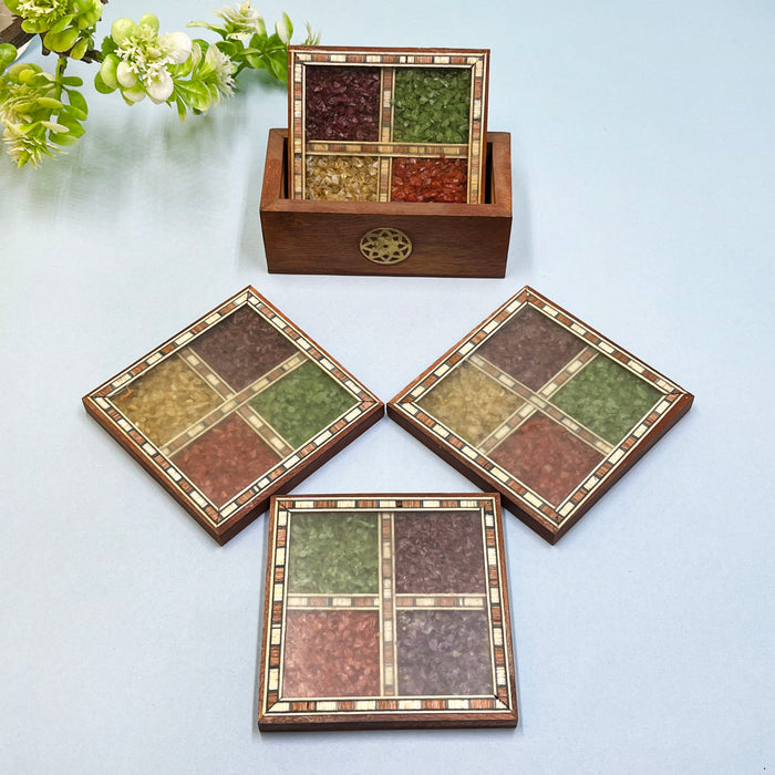 Unique Wooden Coaster Set with Colorful Stone Inlay