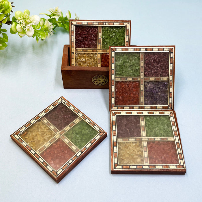 Unique Wooden Coaster Set with Colorful Stone Inlay