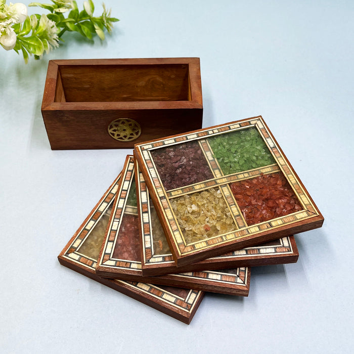 Unique Wooden Coaster Set with Colorful Stone Inlay