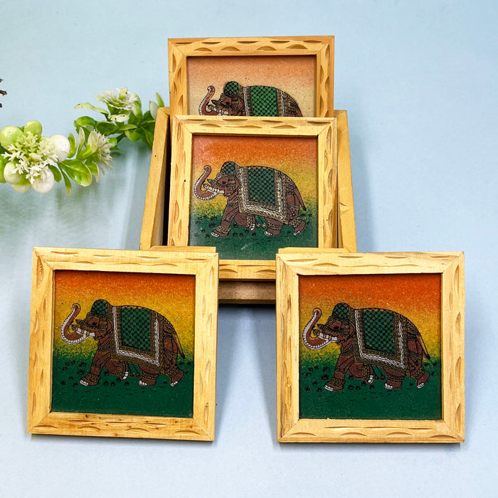 Traditional Wooden Coaster Set with Elephant Artwork