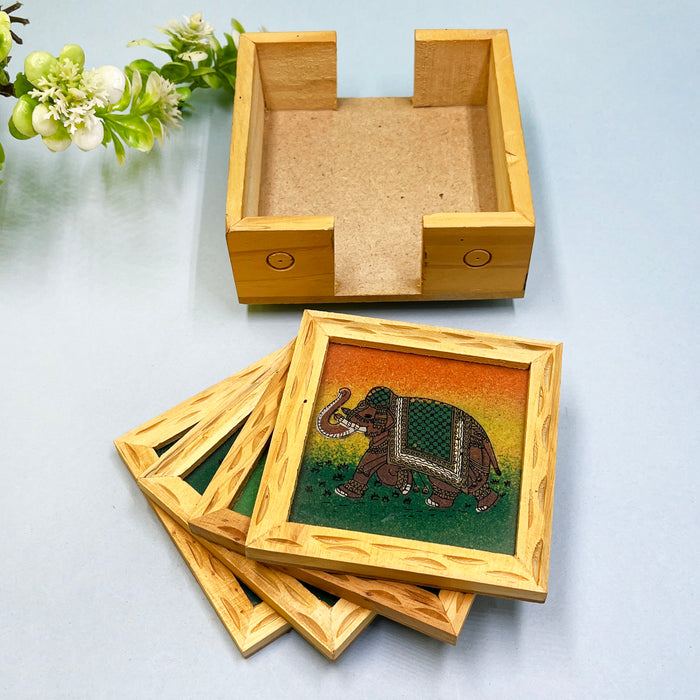 Traditional Wooden Coaster Set with Elephant Artwork