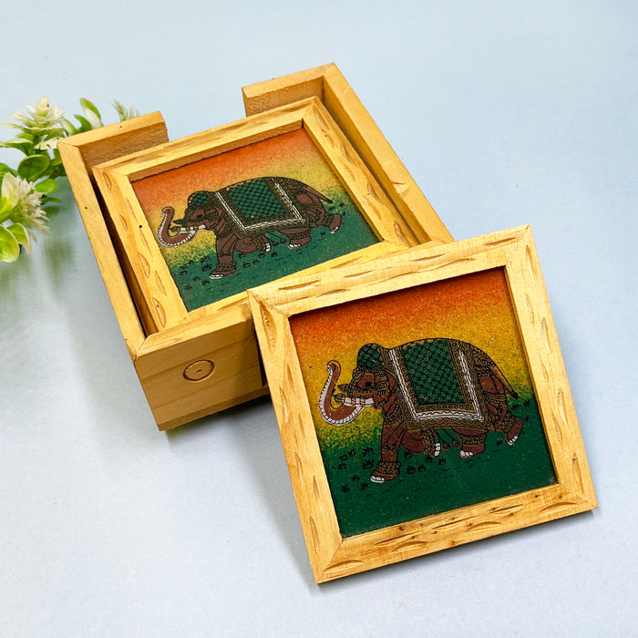 Traditional Wooden Coaster Set with Elephant Artwork