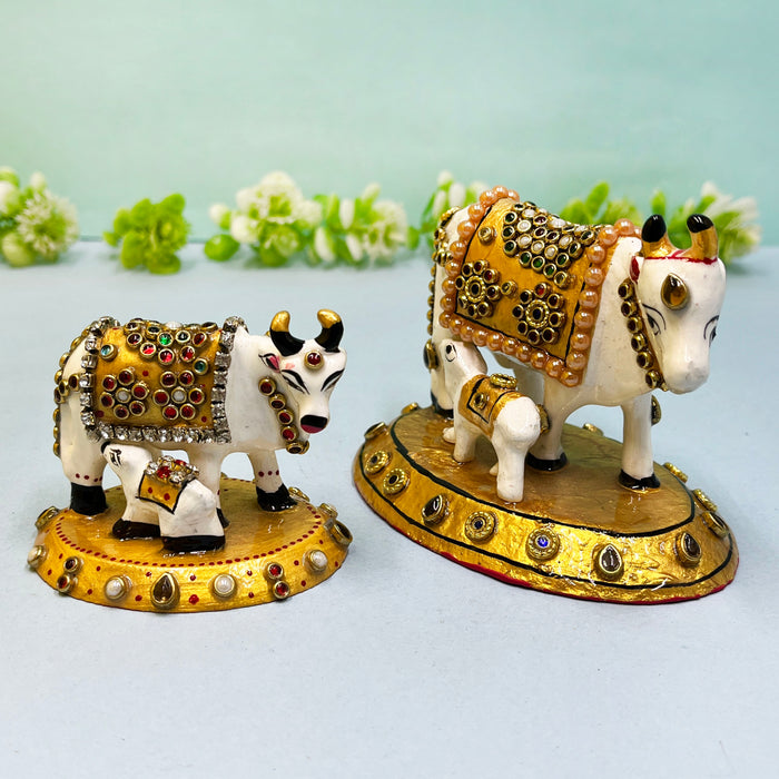 Elegant Meenakari Cow and Calf Set with Golden Embellishments