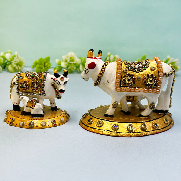 Elegant Meenakari Cow and Calf Set with Golden Embellishments