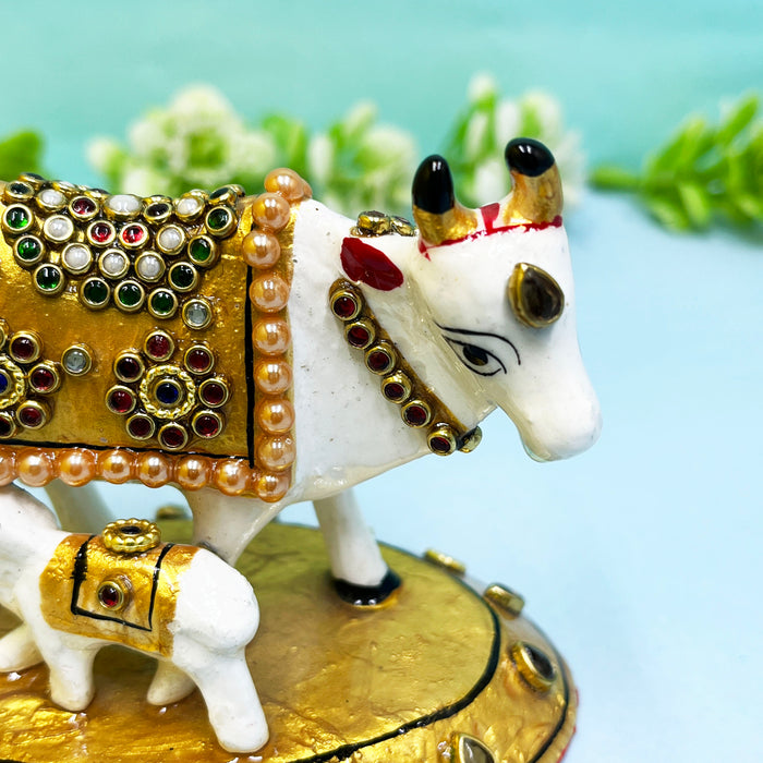 Elegant Meenakari Cow and Calf Set with Golden Embellishments