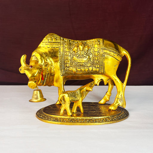 Metal Kamdhenu Cow and Calf Brass Sculpture