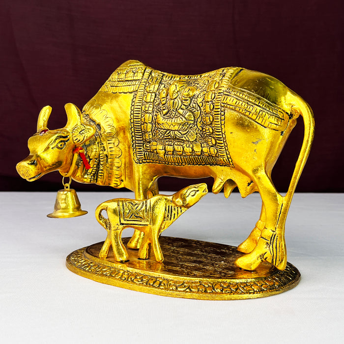 Metal Kamdhenu Cow and Calf with Goddess Laxmi Sculpture