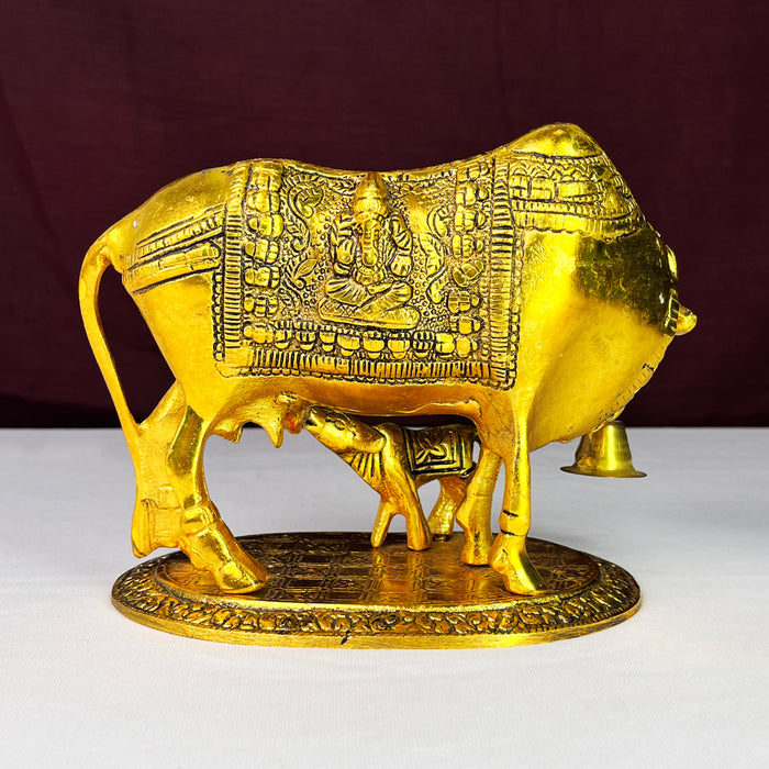 Metal Kamdhenu Cow and Calf Brass Sculpture