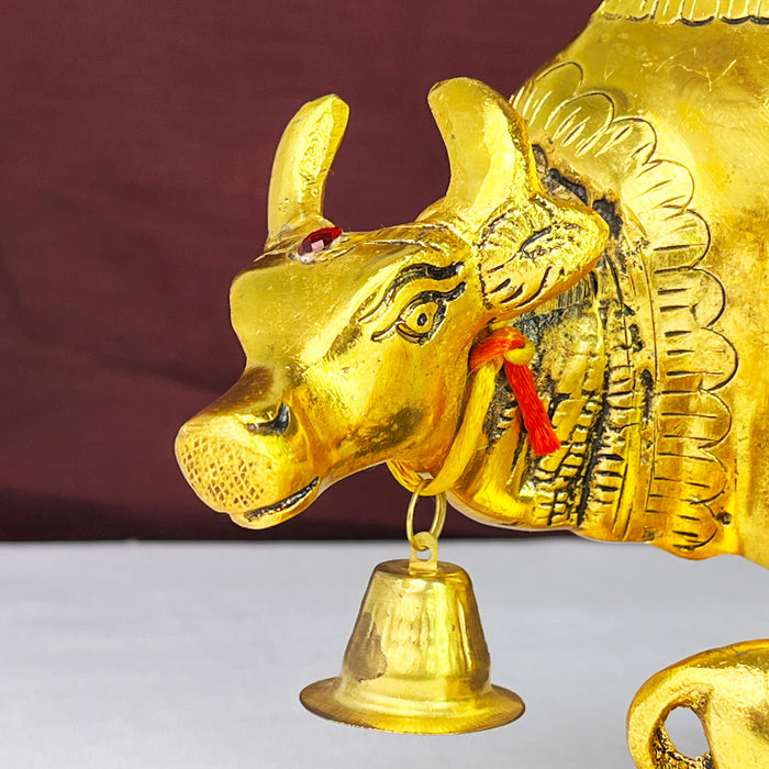 Metal Kamdhenu Cow and Calf Brass Sculpture