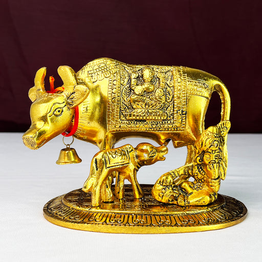 kamdhenu Cow, Calf & Laddu Gopal Statue Standing On Metal Base