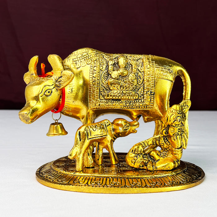 kamdhenu Cow, Calf & Laddu Gopal Statue Standing On Metal Base