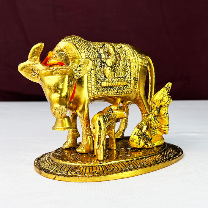 kamdhenu Cow, Calf & Laddu Gopal Statue Standing On Metal Base