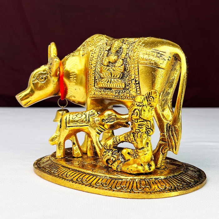 kamdhenu Cow, Calf & Laddu Gopal Statue Standing On Metal Base