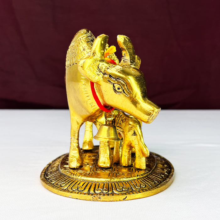 kamdhenu Cow, Calf & Laddu Gopal Statue Standing On Metal Base