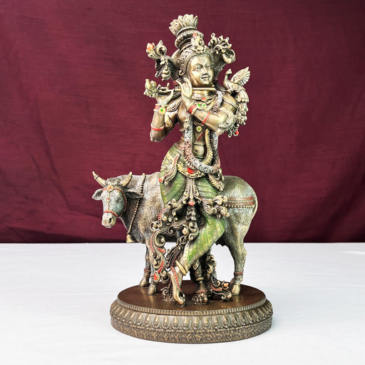 Copper Finish Lord Krishna Playing Flute with Cow Sculpture