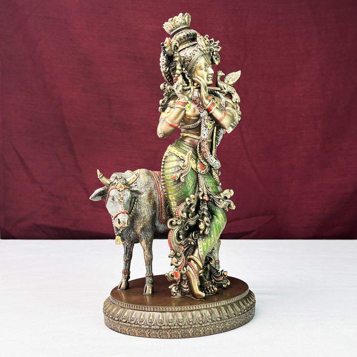 Copper Finish Lord Krishna Playing Flute with Cow Sculpture